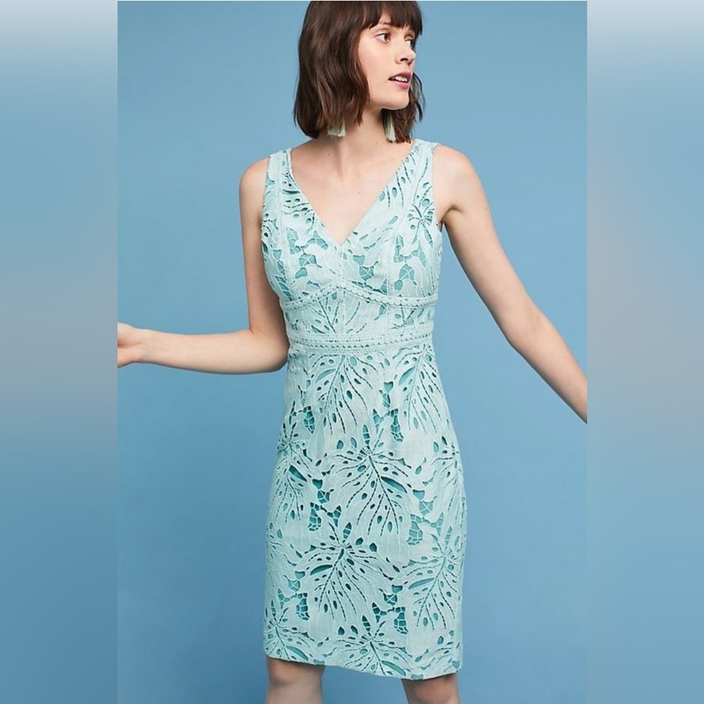Maeve Anthropologie | NWT Gardenia Lace Column Dress | Mint Blue Green | 0P